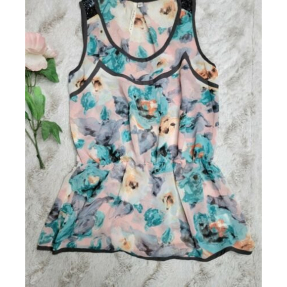 Bellatrix Watercolor Floral Print Beaded Shoulder Sleeveless Peplum Blouse Sz S - Picture 3 of 10